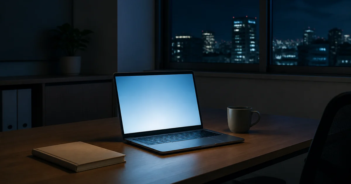夜のオフィスで無人のまま稼働し続けるノートPC｜長時間の自律作業のイメージ