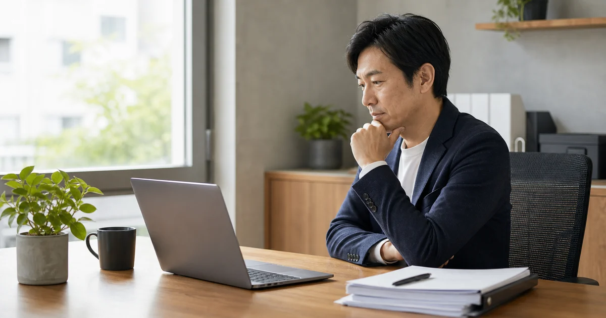 個人事業主がノートPCの前で仕事の重さを見極める様子｜AIモデル使い分けのイメージ
