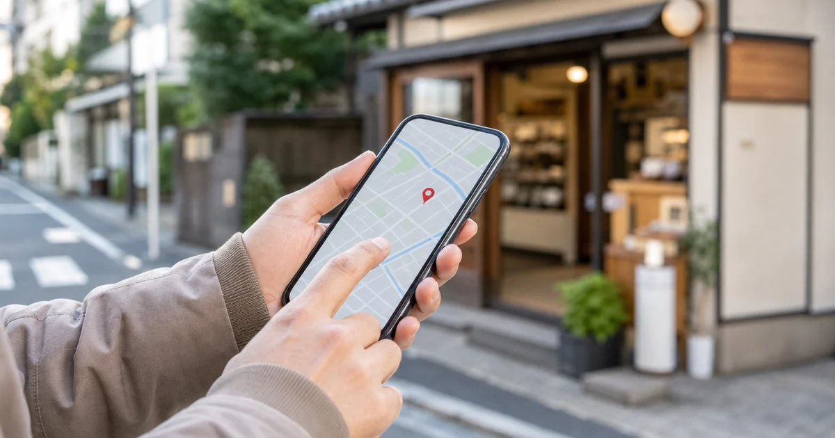 スマートフォンの地図アプリで店舗を探しながら商店街を歩く人の手元