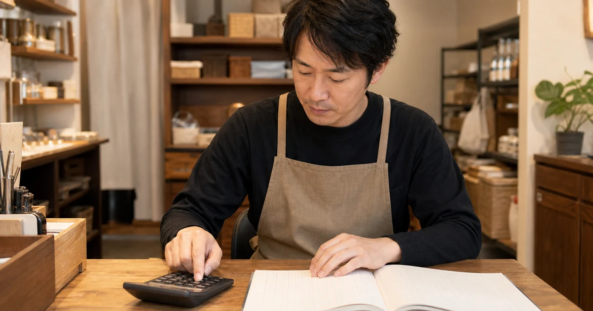 小さな店舗の奥で電卓と帳簿を前に毎月の固定費を見直す店主